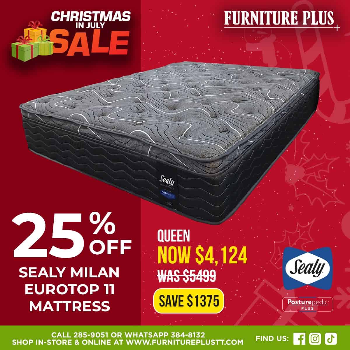 Comfortable queen-sized Sealy Eurotop 11 mattress on sale with 25% discount at Furniture Plus.