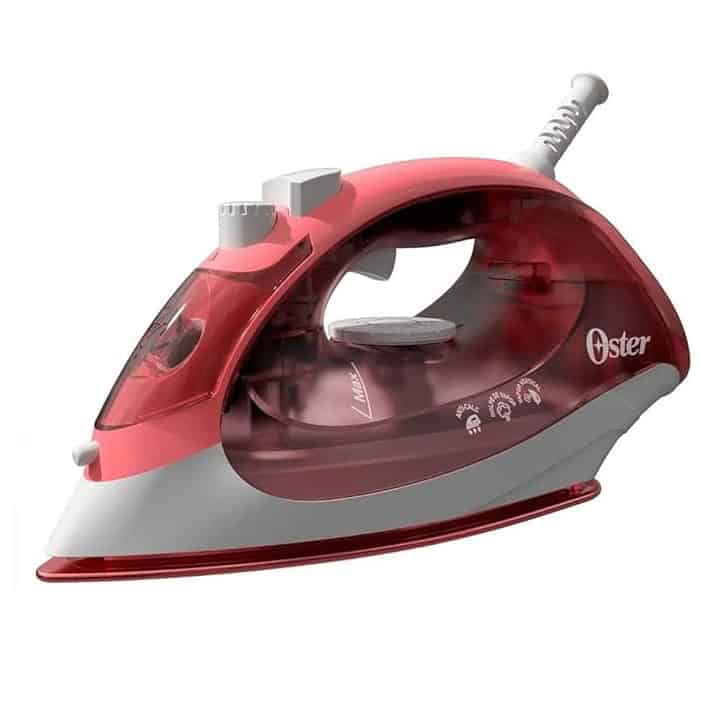 Red and gray Oster steam iron for clothing and fabric ironing.
